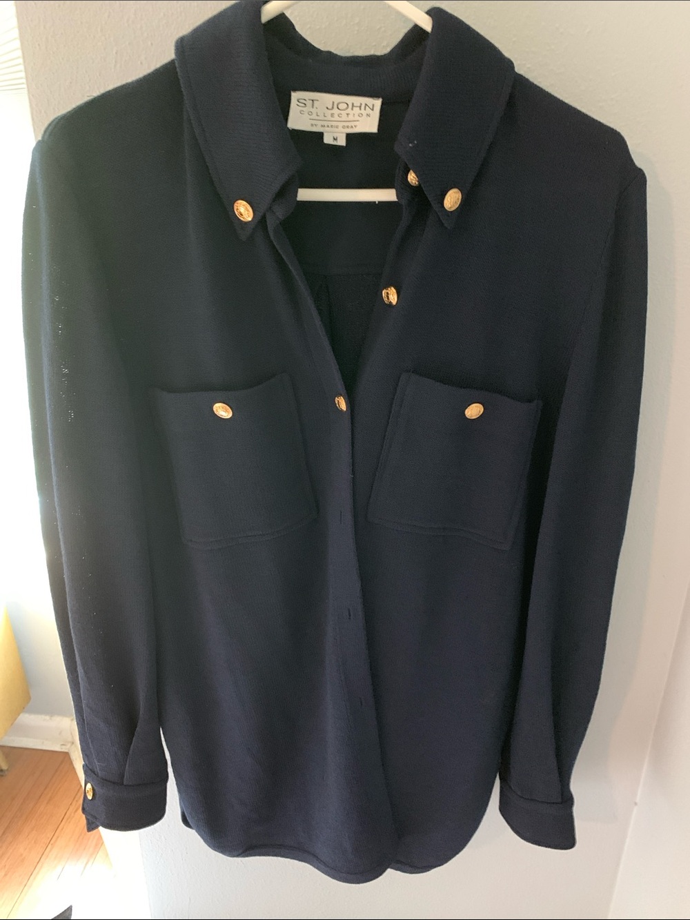 St. John Collection Navy Knit Button-Up with Gold Buttons